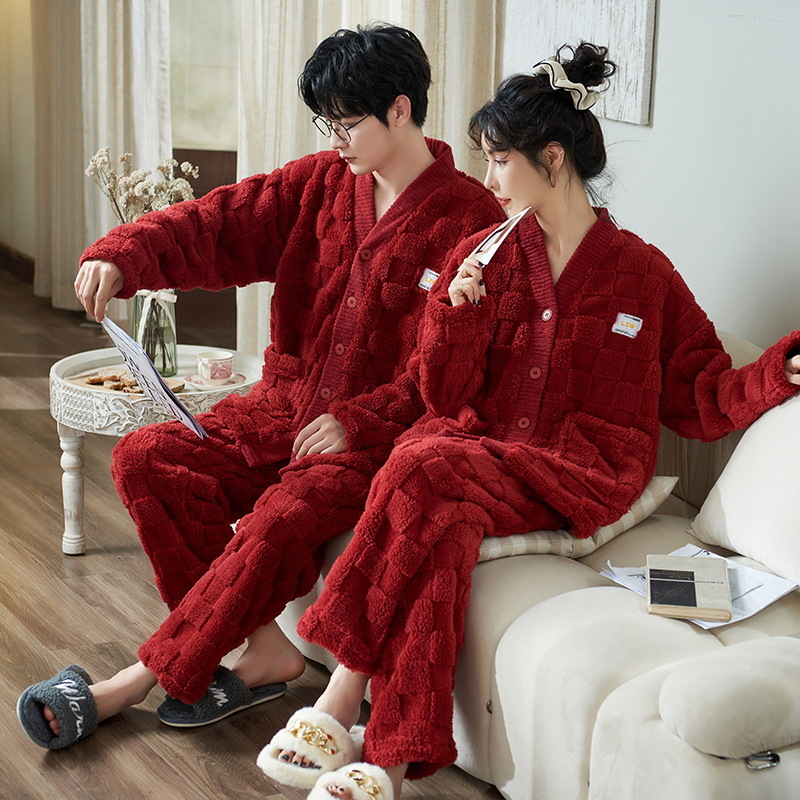 Pareja de franela pijamas invierno espesado Año Nuevo boda festivo rojo los hombres y las mujeres desgaste del hogar traje lana coral