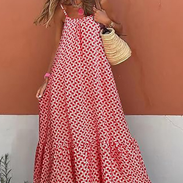 Neues europäisches und amerikanisches sommerliches, böhmisches Resort-Kleid mit Rüschen, Mädchenmuster, Trägern, V-Ausschnitt und lockerer Passform_voghion.com