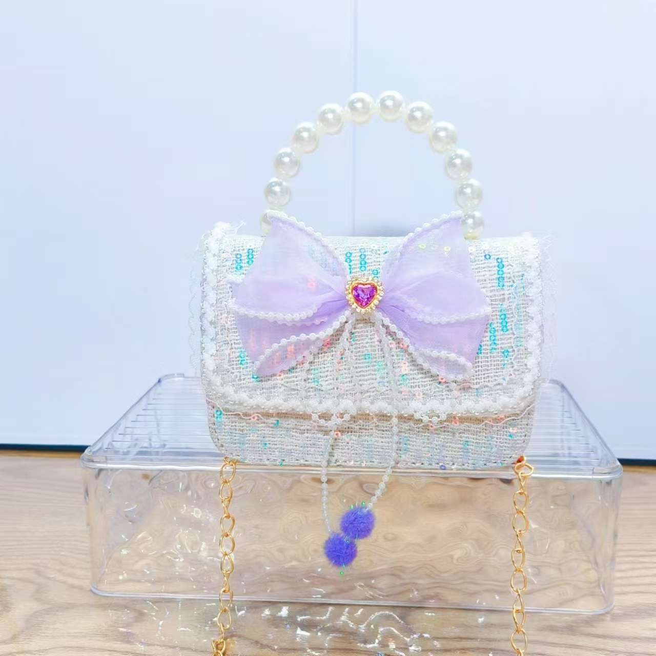 Bolso de la princesa de arco, bolso de mano de perlas, bolso de mano de cadena, bolso de Año Nuevo, bolso de Año Nuevo, regalo del Día de los Niños del 1 de junio