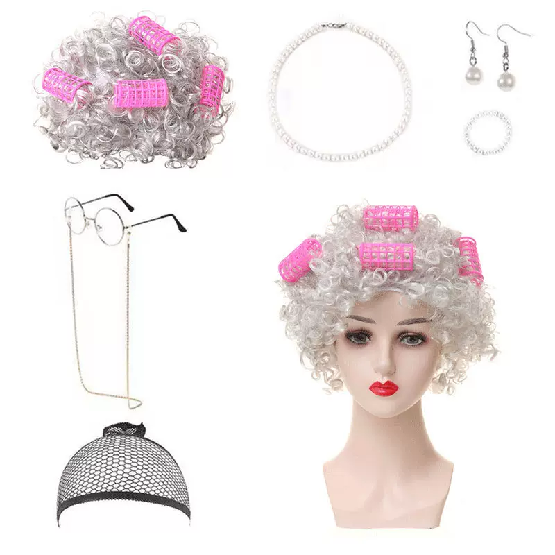 万圣节老人假发短卷发COS老婆婆假发老年老爷爷老奶奶表演假发套