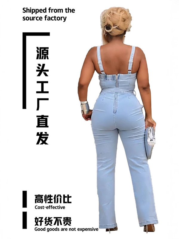 クロスボーダーアマゾンの新しいヨーロッパとアメリカのカジュアルファッションチューブトップレディースフィットデニムジャンプスーツオーバーオール|undefined