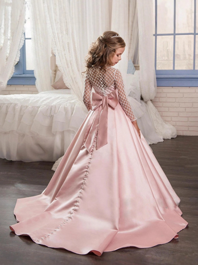 Comercio exterior transfronterizo nueva ropa para niños vestido para niños niñas encaje satén arco pequeño vestido de princesa de niña de flores