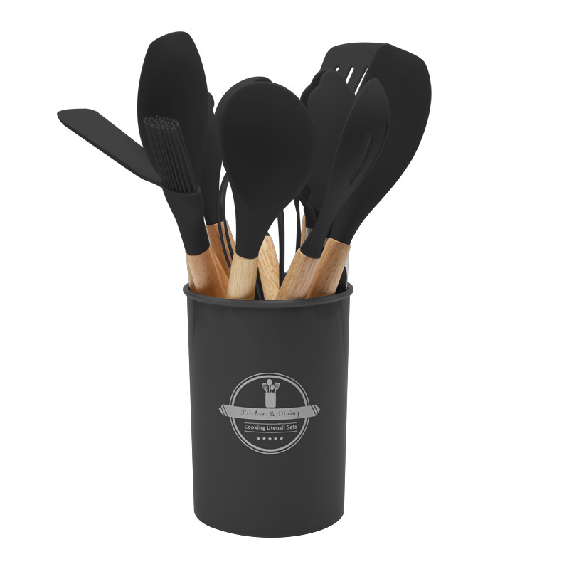 En stock silicona mango de madera utensilios de cocina 12 piezas anti-escaldadura herramientas de cocina wok pala de silicona utensilios de cocina transfronteriza