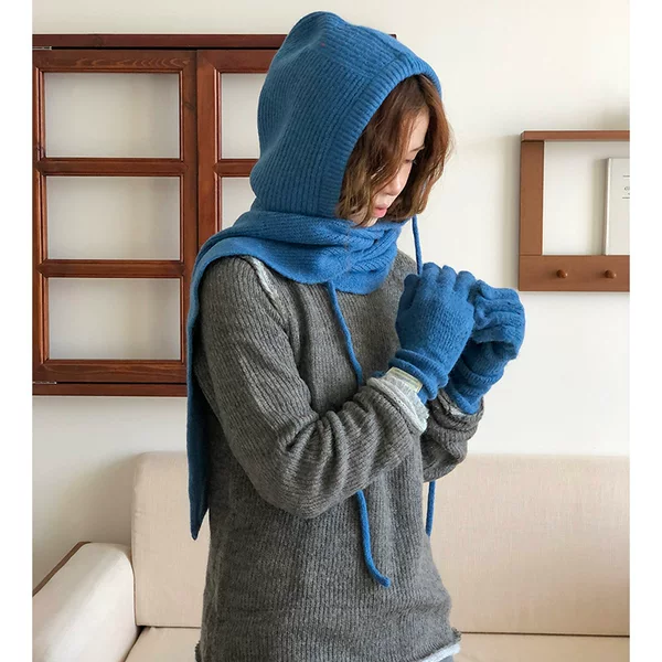 Wool-Blend Vintage Thickened Hooded Scarf Integrated Warm Ear-Protecting Knitted Beanie Balaclava Neck Warmer