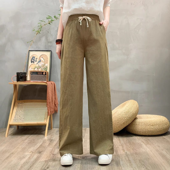 Narrow Wide Leg Pants Women's 2025 Summer Cotton and Linen New High Waist Casual Loose Slimming Straight Breathable Trousers