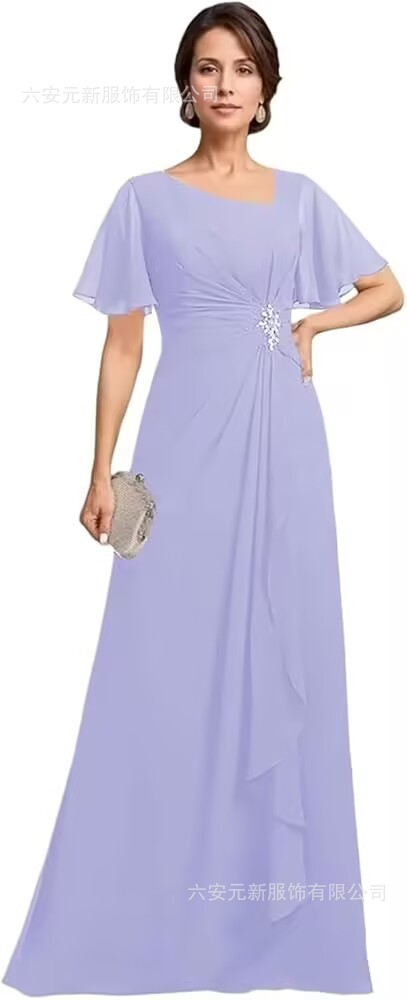 Vestido de novia de gasa de Amazon vestido de madre mariposa de manga corta plisada larga aplicación vestido de invitado de boda