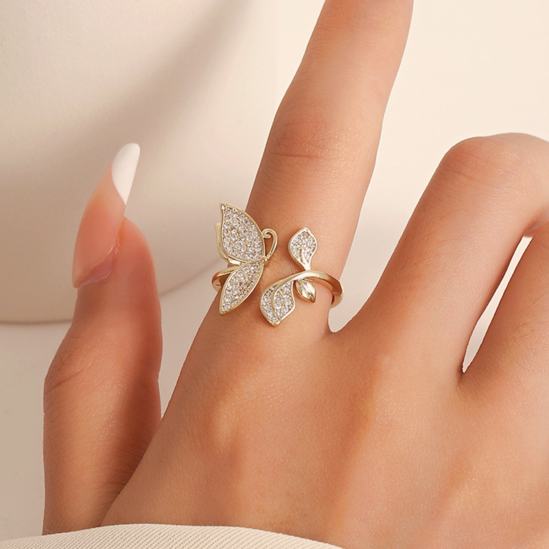 Fashion Butterfly Copper Open Ring Inlay Rhinestones Copper Rings