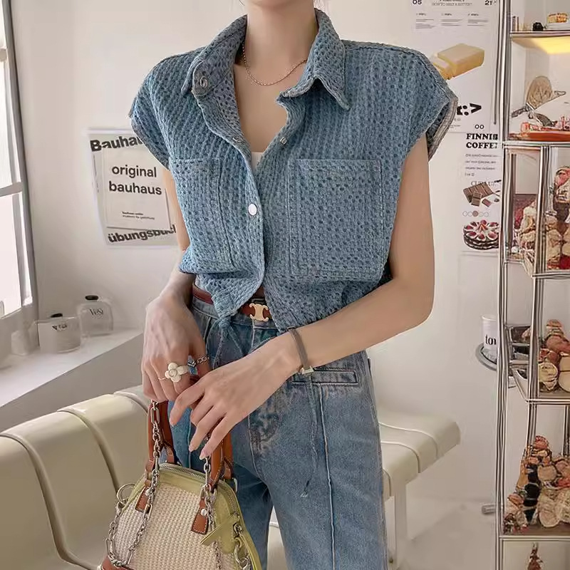 프렌치 레트로 한국식 슬림 핏 데님 조끼 민소매 데님 카디건 자카드 조끼