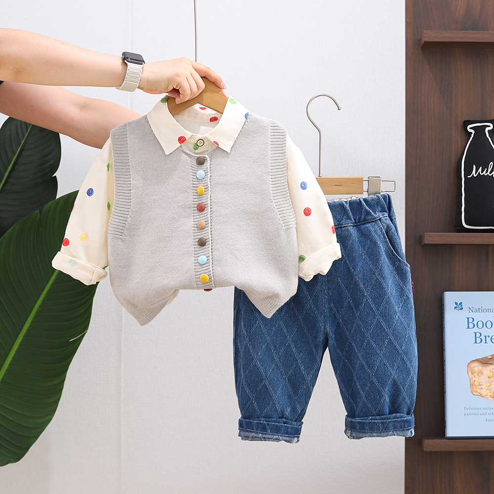 Ensemble trois pièces pour garçon, pull à boutons colorés, nouvelle collection printemps-automne 2025, tenue élégante à manches longues pour bébé_voghion.com