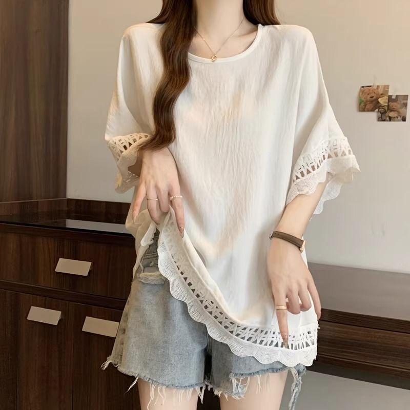 plus size Loose Casual All-match 2025 Summer New Lazy Style Lace Hollow Style Top