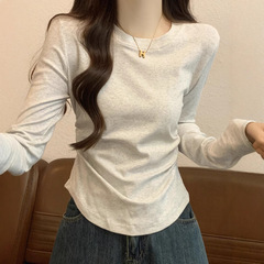 2025秋新薄款长袖t恤女修身收腰设计感小众小个子内搭打底衫上衣