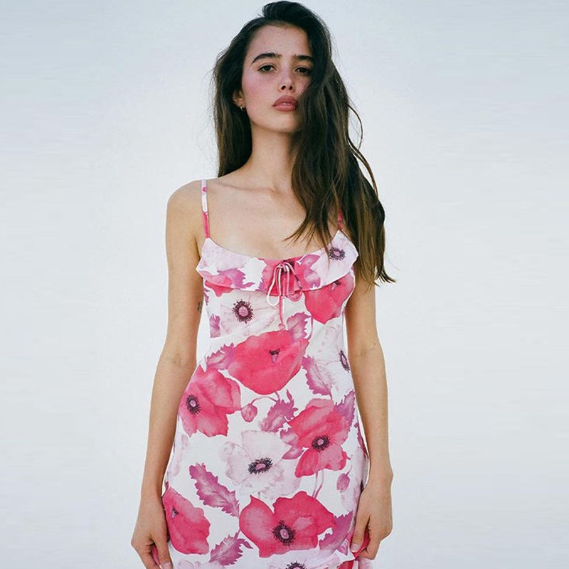 In Stock 1147 Summer New Model 2026 Reali Pink Floral Square-Neck Silk Bias-Cut Strap Mid-Length Dress French Retro Style
