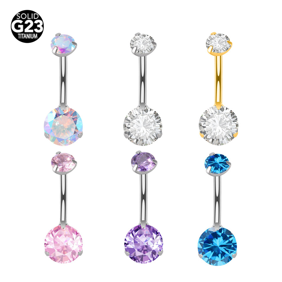 F136 Titanlegierung 6-14 mm Doppel-Zirkon-Bauchnabelpiercing mit Innengewinde, Körperschmuck_voghion.com