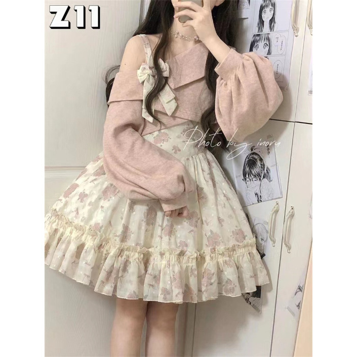 甜美蔷薇碎花吊带连衣裙灯芯绒2025秋季新款粉色上衣灯芯绒两件套|undefined