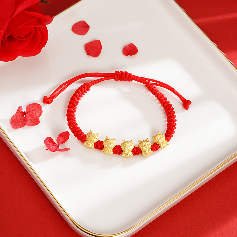 Wufu dragón rojo cuerda pulsera extraíble ajustable cuerda trenzada Vietnam arena oro suerte lindo dragón chapado en oro auspicioso significado regalo
