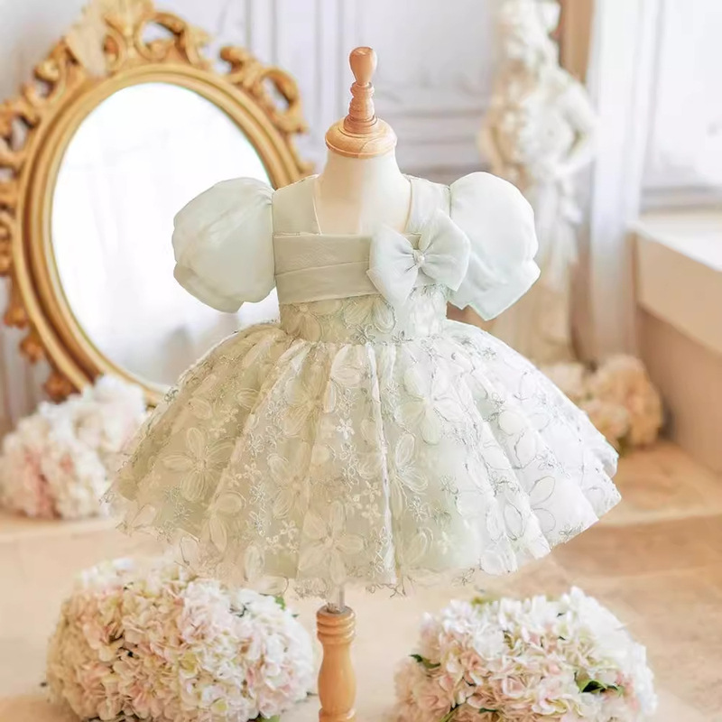 Baby One-Year-Old Dress, Female Banquet Baby Wedding Dress, Daily Green Flower Girl Princess Dress, Birthday Tutu Skirt