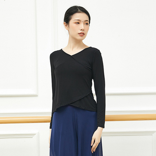 Autumn and winter V-neck dance practice clothing tops, adult body yoga black long-sleeved Latin classical dance clothing