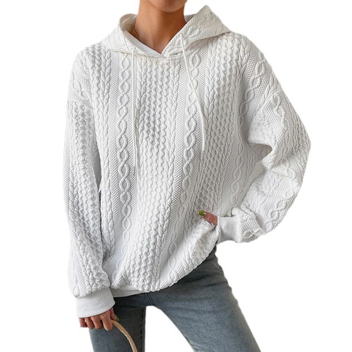 New European and American-style autumn plus-size casual jacquard hooded drawstring long-sleeved knitted sweatshirt