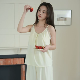 7605新款夏季女士冰丝加胸垫性感吊带短裤套装吊带款慵懒风家居服