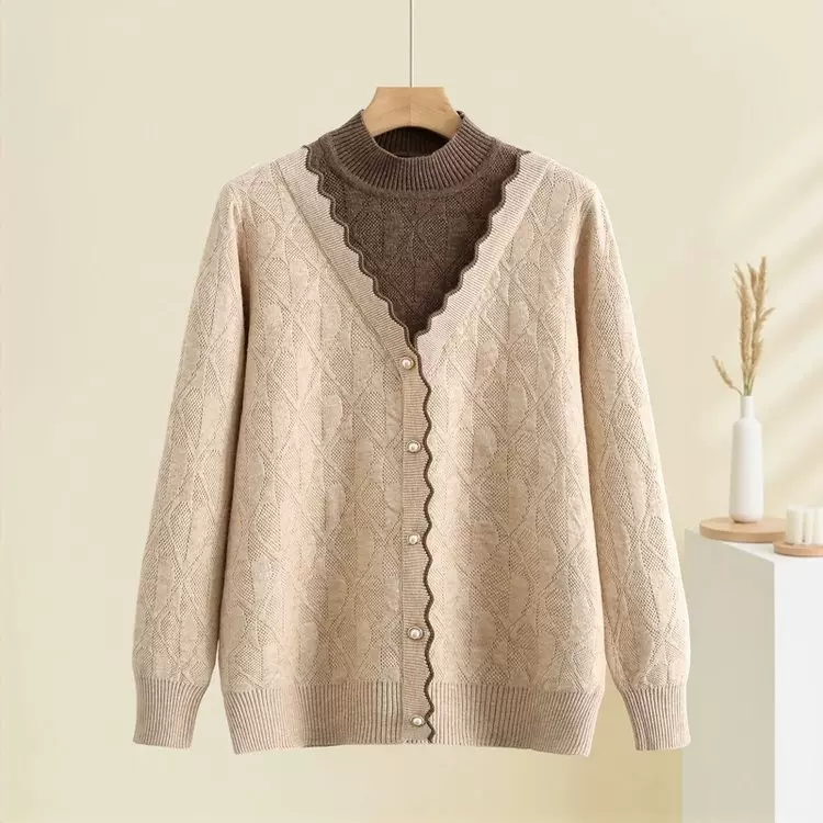 中年女装新款假两件毛衣上衣短款针织衫妈妈秋装洋气中老年打底衫