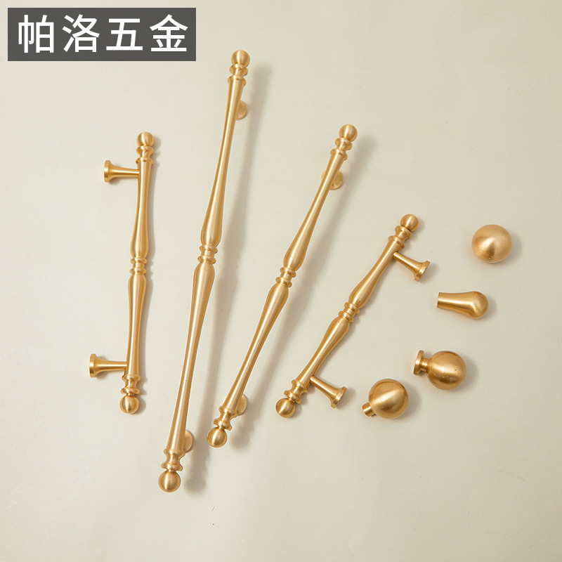 Modern Minimalist Gold Brass Long Pull Handle for Drawers, French-Style Solid Single-Hole Round Ball Cabinet and Wardrobe Door Handle Furniture