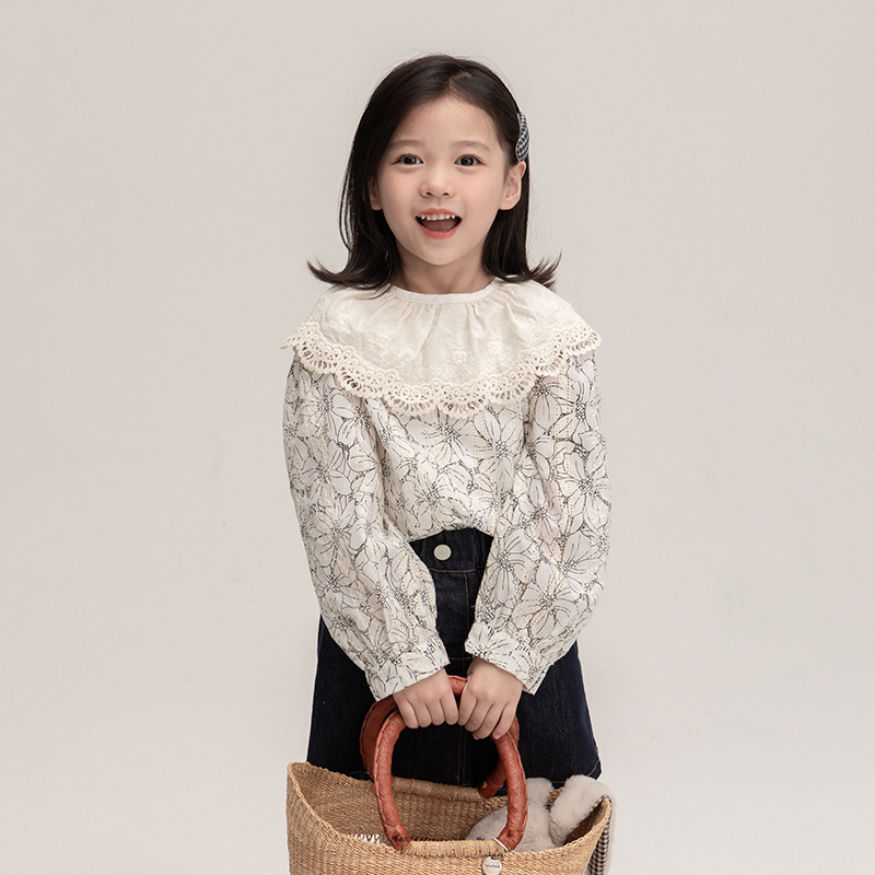 2023 otoño nuevas niñas retro estilo coreano completo impreso pequeña flor solapa muñeca camisa encaje collar camisa suelta