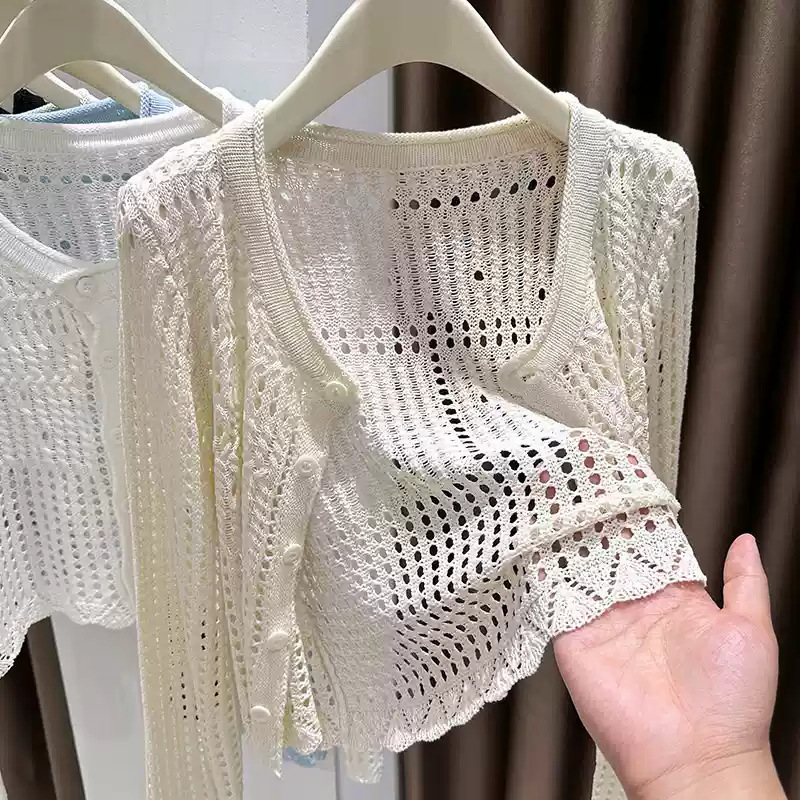 女性用日焼け止めカーディガン、薄い中空ニットショートブラウス、小さなショール、サマーサスペンダースカートジャケット|undefined
