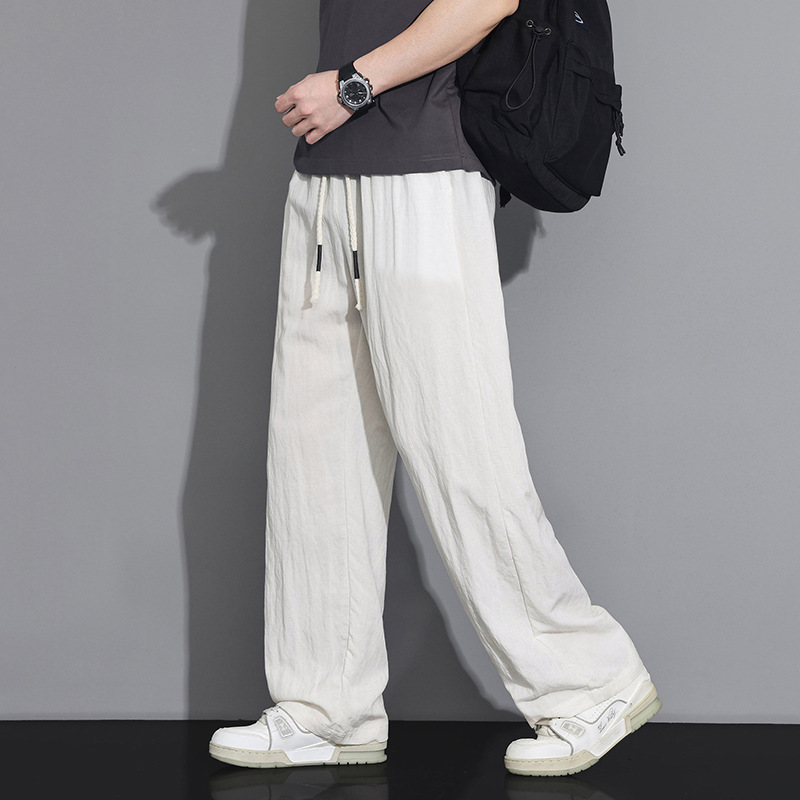 Men's Tencel Linen Pants, Summer Thin Breathable Straight Quick-Dry Ice Silk Pants, Loose Wide-Leg Sports Casual Pants