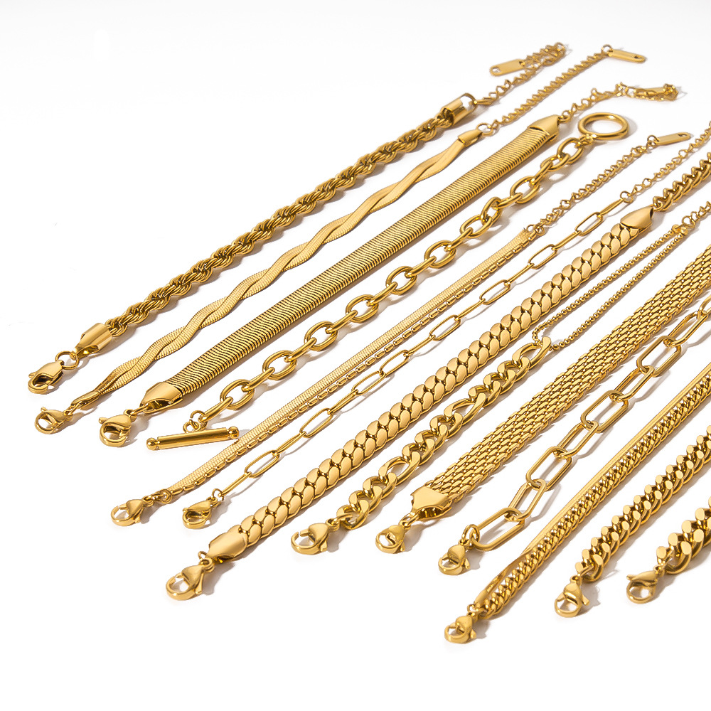Nuovo bracciale da donna in acciaio al titanio con doppia catena cubana in oro K e catena a serpente piatta_voghion.com