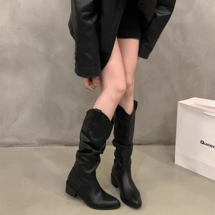 女式靴子长筒靴女2025秋冬季新款V口美拉德不过膝粗跟尖头堆堆靴|undefined