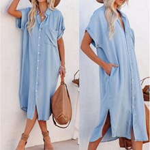 2026�羳���Q�¿�Dress Blouse Denim Short Sleeve Slit ��ɫ�L