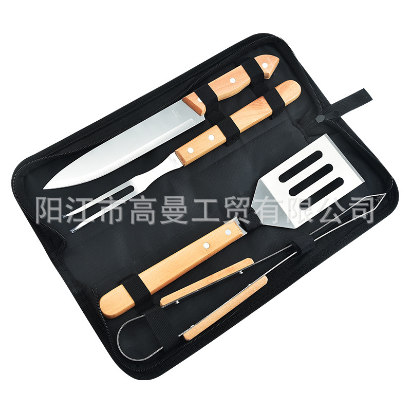 Juego de herramientas para barbacoa personalizado para comercio electrónico transfronterizo, exportación de fábrica, venta al por mayor, portátil, varios estilos, con bolsa de tela y asa pequeña.