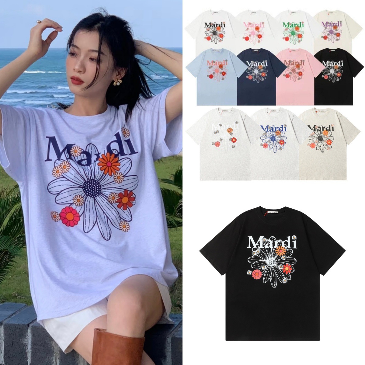 New Mardi Daisy Floral Print Short Sleeve Round Neck Loose T Shirt Summer Pure Cotton Casual Women's Top_ecoleips.com