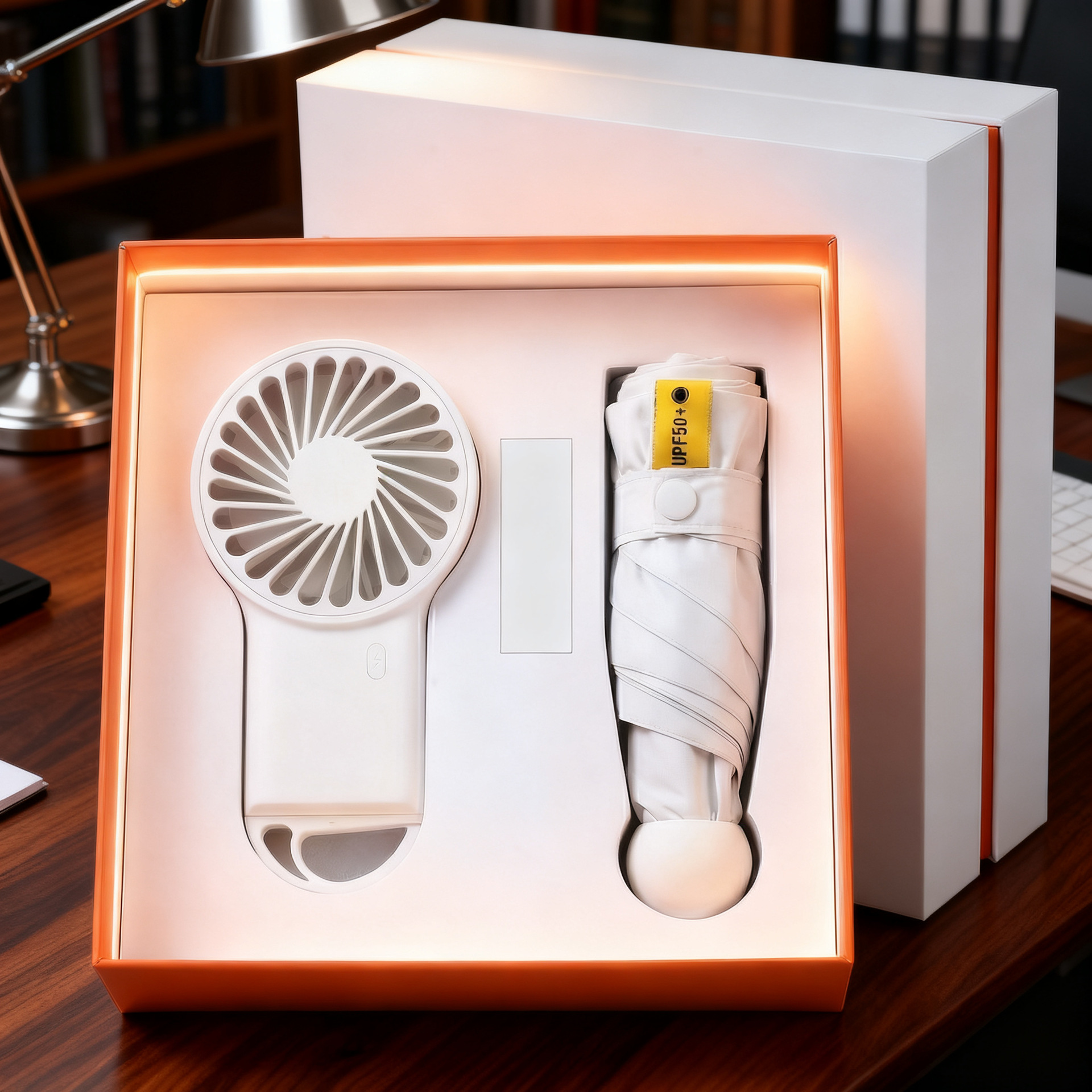 Set de regalo con mini ventilador USB recargable, paraguas, taza de agua, logotipo, regalo promocional empresarial para días festivos