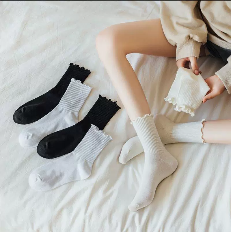 Middle‑Tube JK Socks, cotton ruffle cuff, spring–summer–autumn, sizes 35–42 (black/white/beige)
