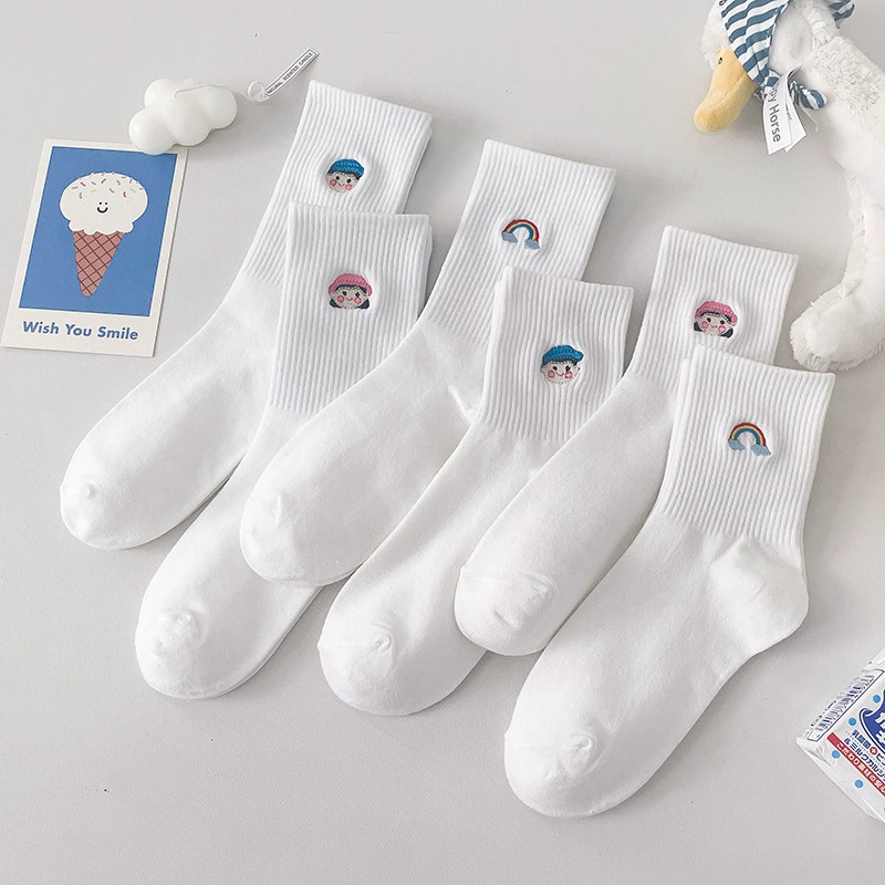 Demi-season white rainbow embroidery, Japanese cute colored knee socks for elementary school students, with embroidery