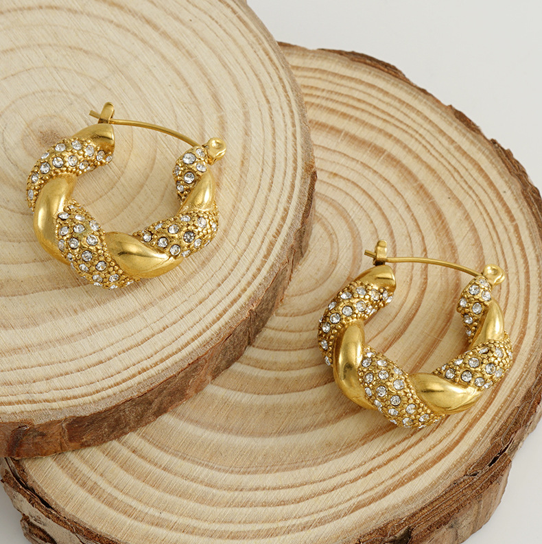 1 Pair Lady Round Gold Plated Stainless Steel Rhinestones Gold Plated Earrings display picture 4