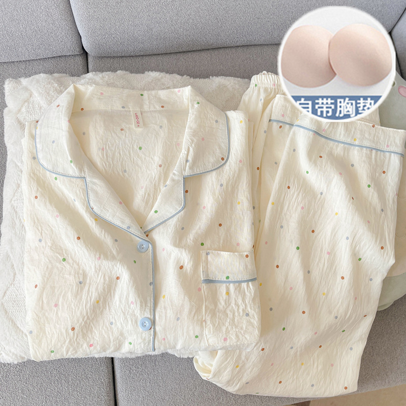 带胸垫纯棉纱布睡衣女长袖长裤春秋款套装可爱小狗开衫家居服夏季|undefined