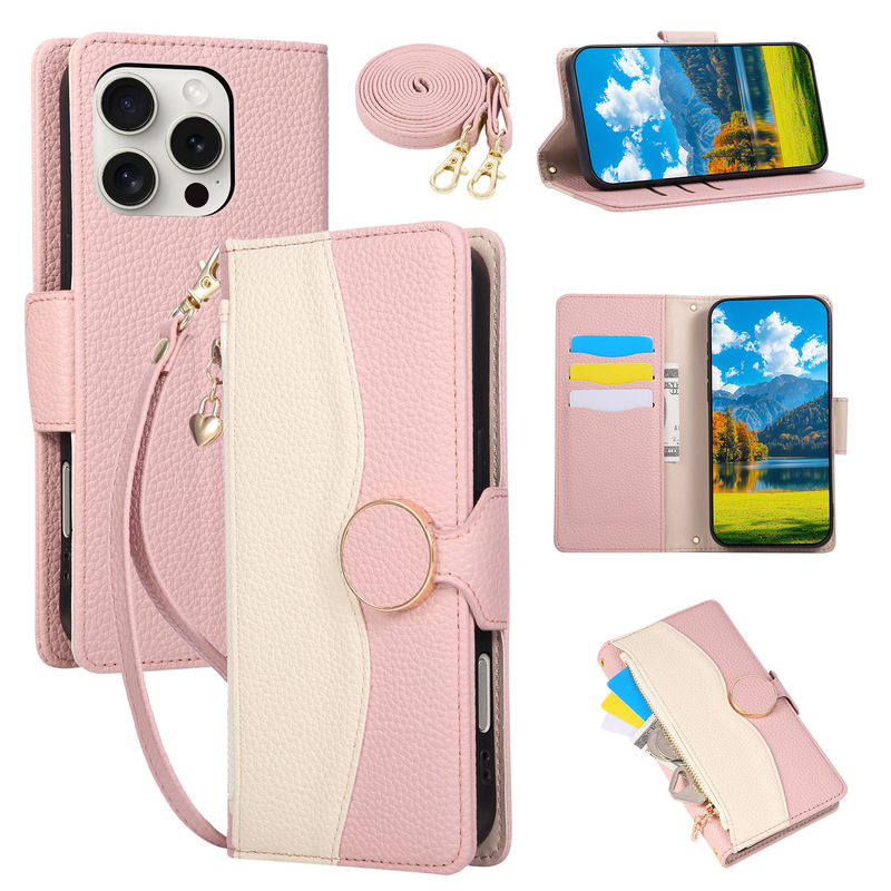 Suitable for iPhone 17 Protective Case, Color-Blocked Multi-Functional Wallet-Style Phone Case with Lanyard, Card Slot, and Anti-Drop Leather Cover