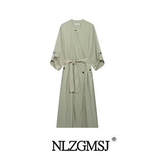 2024 autumn new women's European and American style fashion simple casual V-neck waist lace trench coat 0606840