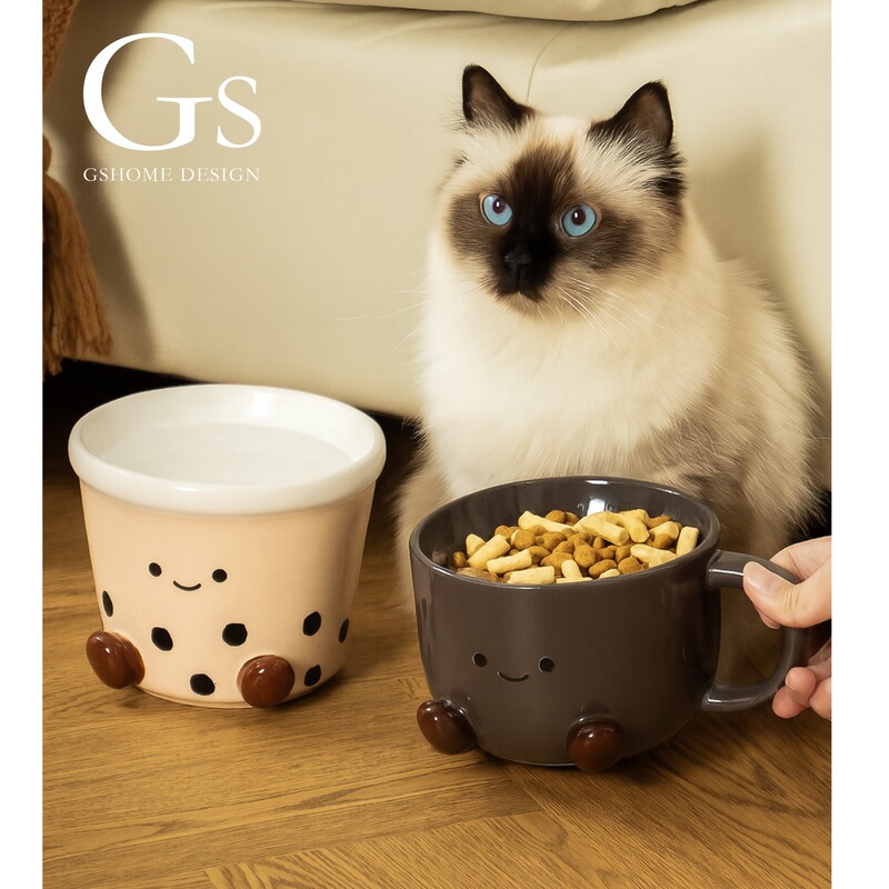 コーヒーミルクティーかわいいスタイル給水ボウルペットボウル水ボウルセラミック猫ボウルフードボウル首の保護大口径は転倒しにくい|undefined