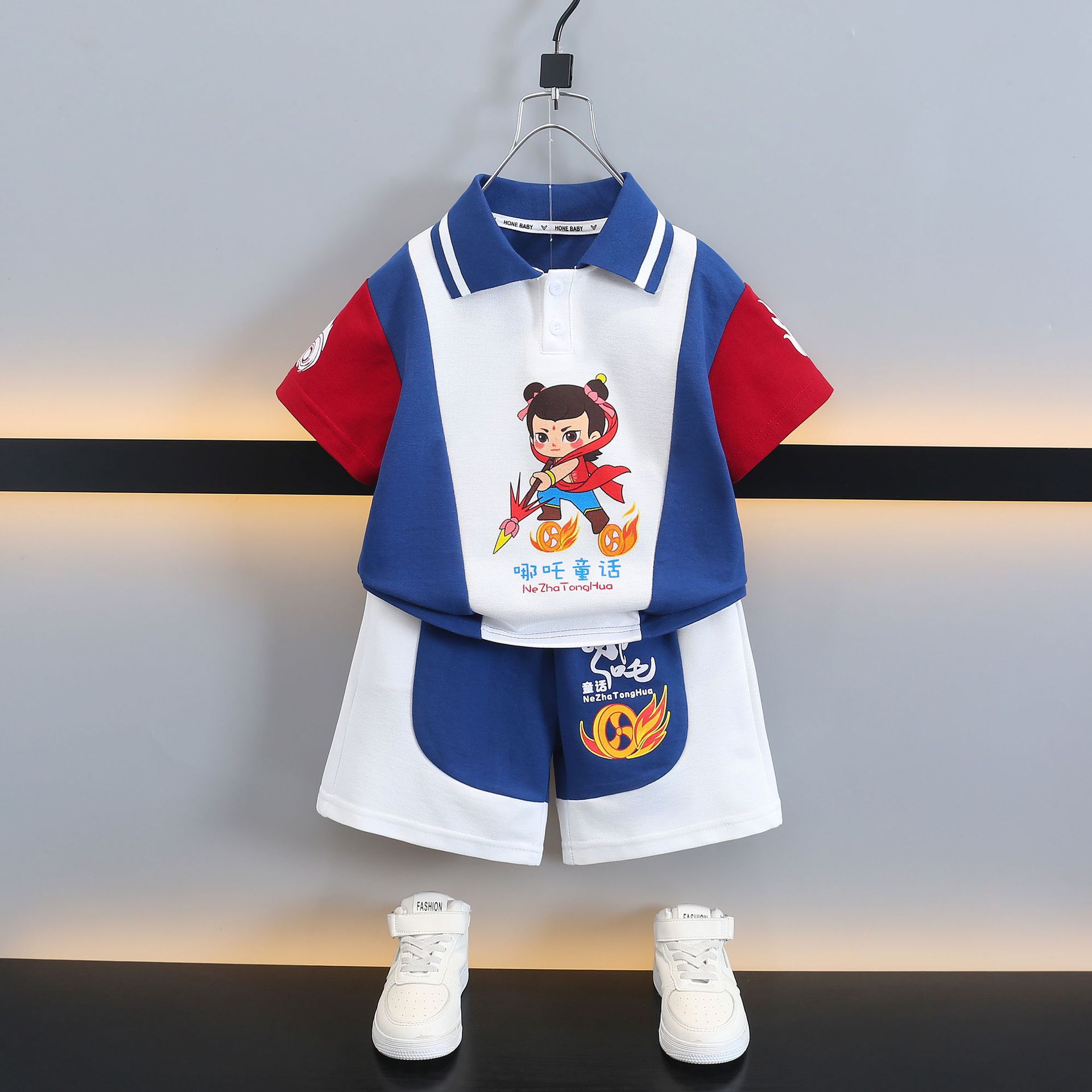 7784 traje de verano para niños 2025 nuevo estilo estilo occidental camisa polo para niños de dos piezas de manga corta ropa de verano para bebés