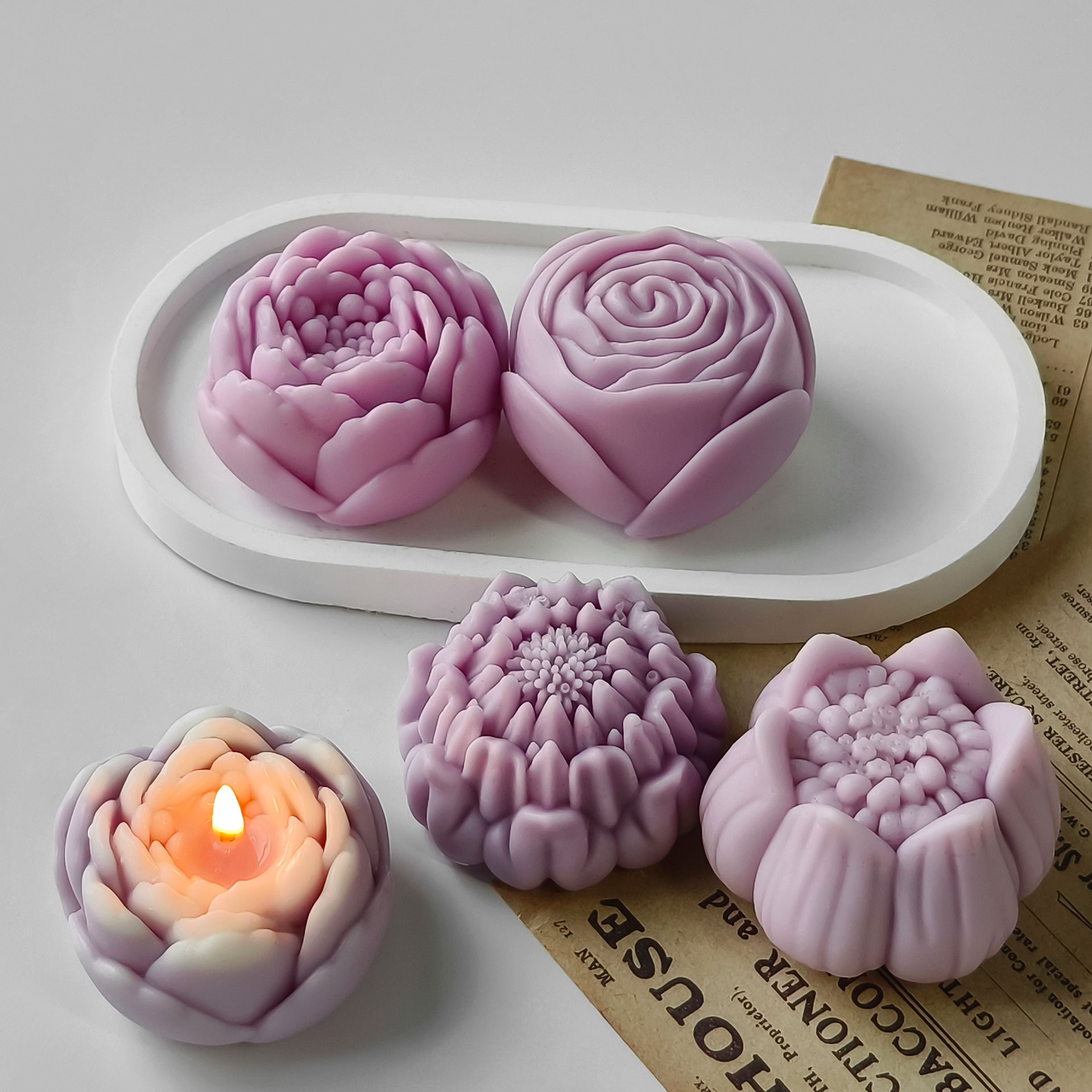 Jiahuimei Molde de pastel de peonía Flor de bricolaje Vela de aromaterapia de flores Jabón hecho a mano Molde de silicona de piedra de expansión