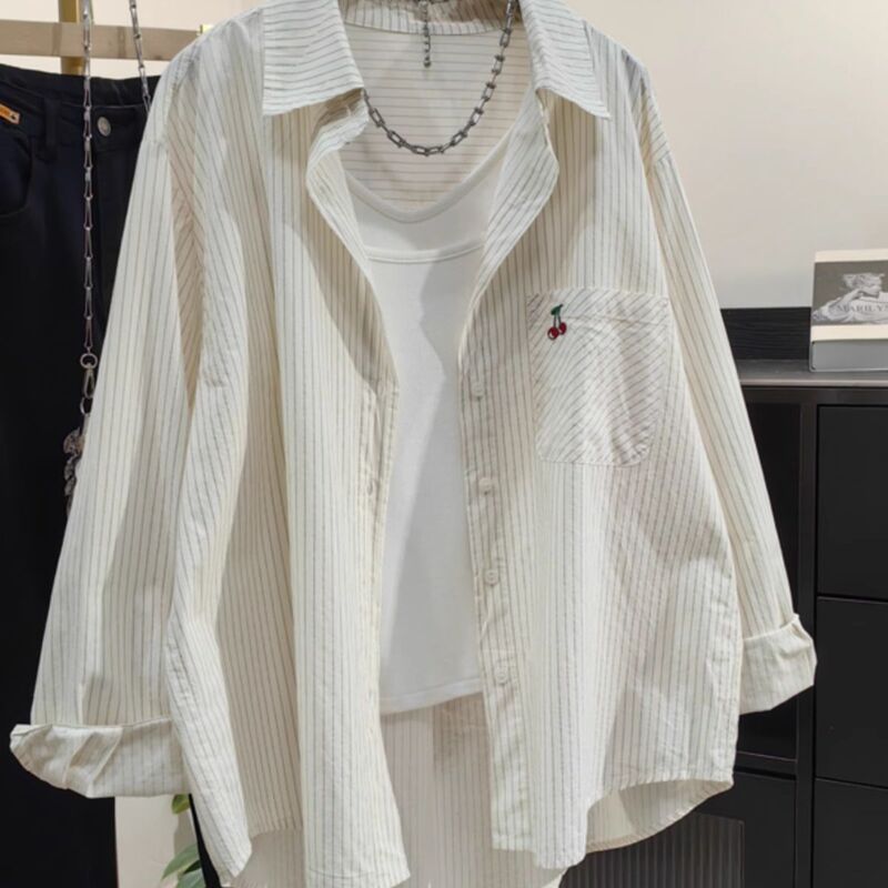 Vertical Striped Cherry Embroidered Cotton Shirt for Women, New Spring and Summer Sun Protection Jacket, Casual Loose Versatile Cardigan Top Vertical Striped Cherry Embroidered Cotton Shirt for Women, New Spring and Summer Sun Protection Jacket, Casual Loose Versatile Cardigan Top