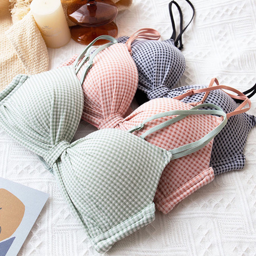 Bra set for Japanese girls, cute and sexy plaid, small breasts, gathered, no rims, beautiful back underwear, thin style for female students