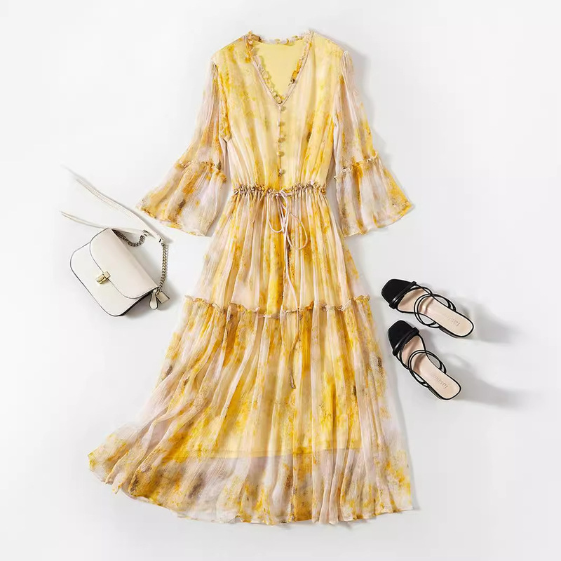 Inaer Silk Smooth Dress Mulberry Silk Skirt Yellow Printed Fairy Dress Mid-Length V-Neck Waist-Cinching Women's Dress