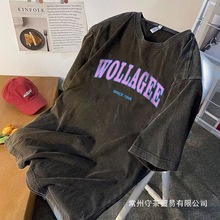 美式短袖t恤男夏季复古高街水洗做旧潮牌ins重磅情侣体恤批发