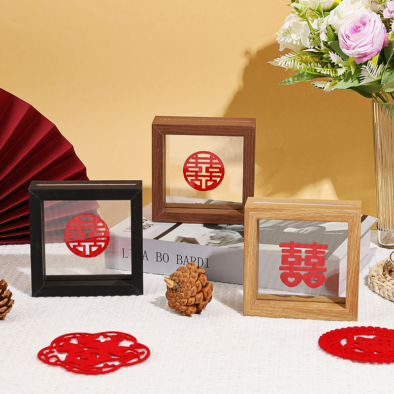 Creative Happy Character Paper-cut Double-sided Transparent Glass Photo Frame Handmade Wooden Square 4-inch 678-inch Leaf Carving Specimen Frame