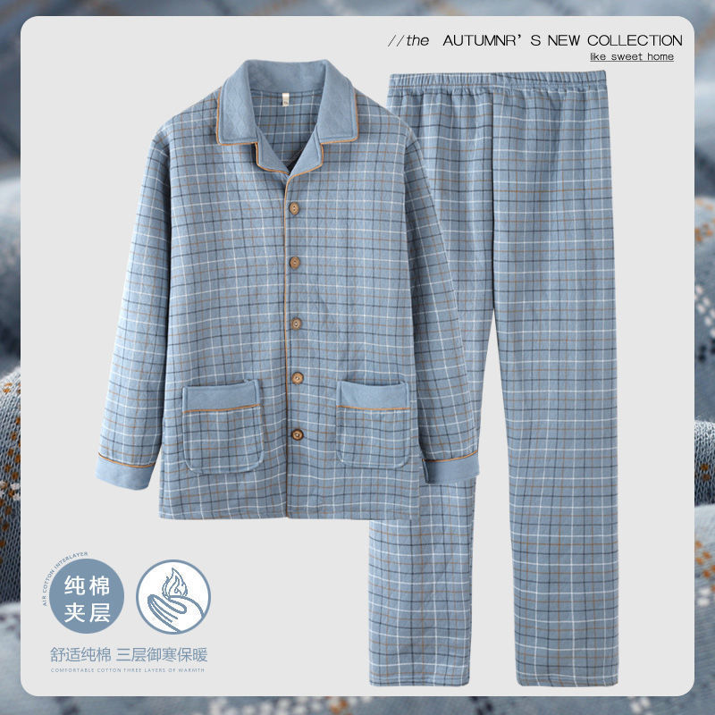 El otoño y el invierno 100% algodón espesado pijamas de los hombres de invierno capa intermediaria traje de primavera y otoño de algodón de aire desgaste del hogar