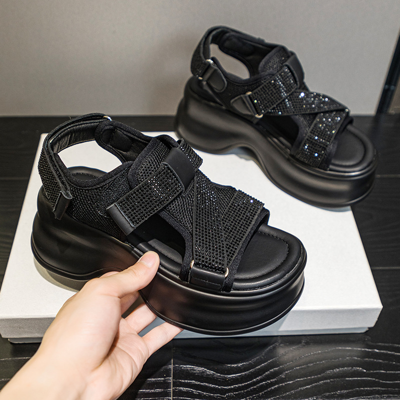 Dép sandal đế xuồng tăng chiều cao lưới thoáng khí đính đá phong cách casual nữ — M2597 màu đen, M2597 màu be